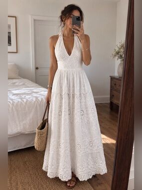 Caroline Constas Bohemian Embroidered Halter Maxi Dress Ivory Size S Brand New
